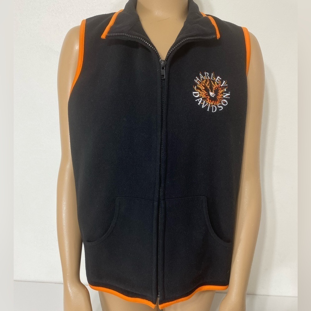Harley Davidson Women's‎ Medium Black Orange Fleece Zip Up Vest Sturgis SD